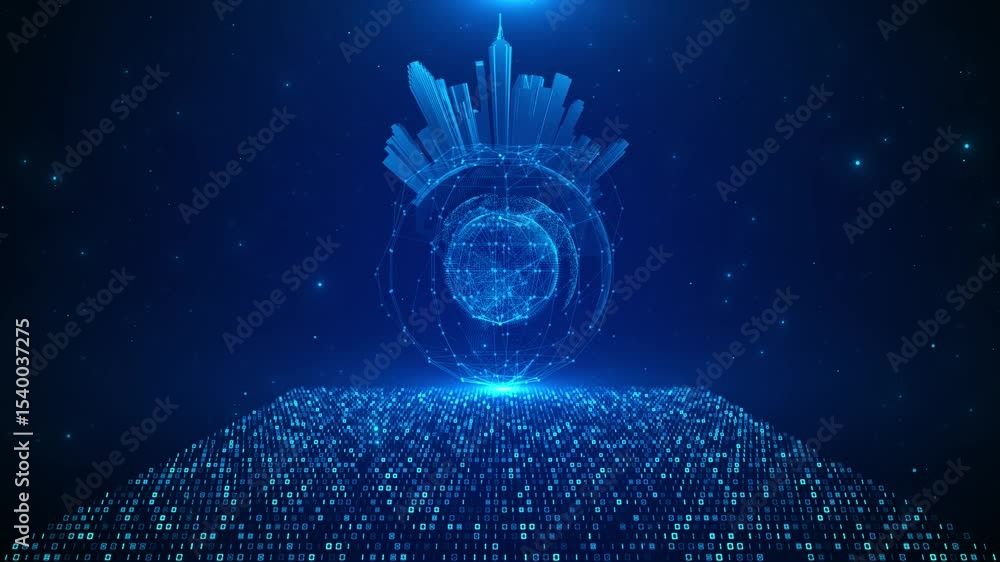 Poster smart city digital cyberspace, digital data network connections, hud digital city wireframe hud part