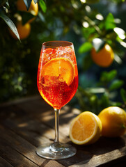 Wino Aperol Spritz z plasterkiem pomarańczy i lodem, stojące na drewnianym stole pośród zielonych liści i cytryn. Idealne na upalny dzień.