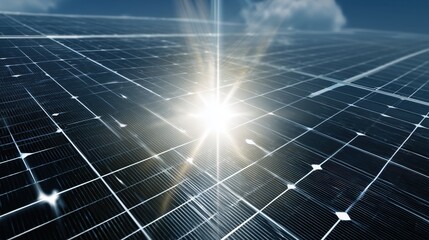 Close-Up of Solar Panel Surface with Bright Sunflare - Renewable Energy Concept