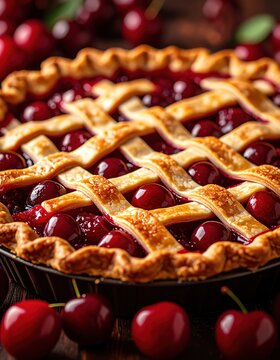 Homemade cherry pie with golden lattice crust and fresh cherries