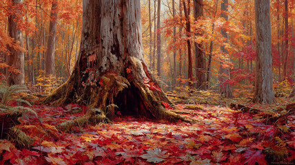 舞い散る紅葉の森床