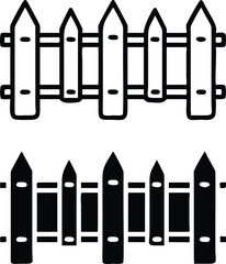 Symmetrical Wooden Fence Icon – Black and White Line Art with Rustic Low-Poly Aesthetic