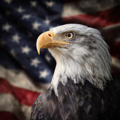 Obraz premium Głowa bielika amerykańskiego, symbolu USA, na tle rozmytej flagi. Silne i dumne spojrzenie ptaka.