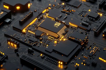 Close-up circuit board with glowing components