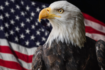 Głowa bielika amerykańskiego, symbolu USA, na tle rozmytej flagi. Silne i dumne spojrzenie ptaka.