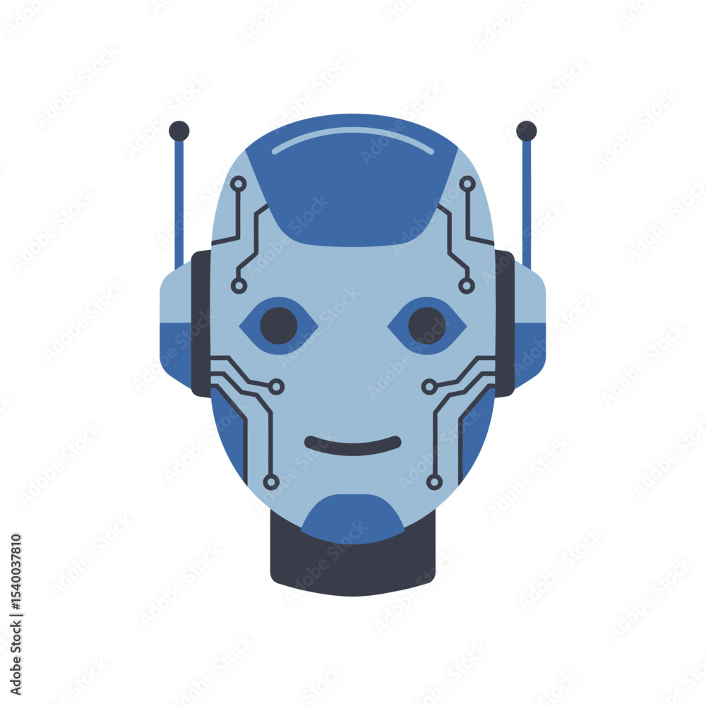 Poster smiling blue robot head with circuitry and antennae design.