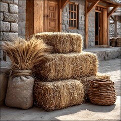 Natural patio with hay bundles high resolution picture