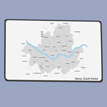 Map of Seoul South Korea with neighboring districts and locations on the South Korea map.