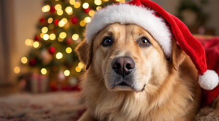 A golden retriever wearing a santa hat posed for a christmas portrait in festive holiday scene, jpg.