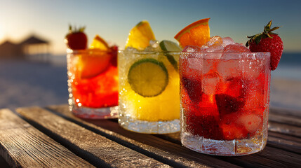 Trzy kolorowe drinki z lodem i owocami, ustawione na drewnianych deskach na tle zachodu słońca na plaży. Idealne orzeźwienie.