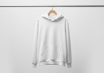Clean White Hoodie Hanging on Wooden Hanger Against a Neutral Background
