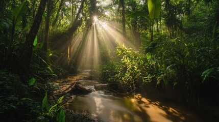 Fototapeta premium Sunlight streams through rainforest