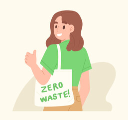 Young woman is using reusable bag with the 