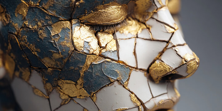 Human head in kintsugi art showing signs of trauma and healing through Japanese craftsmanship