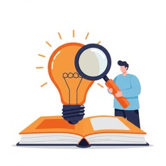 Illustration of idea generation with book and magnifying glass