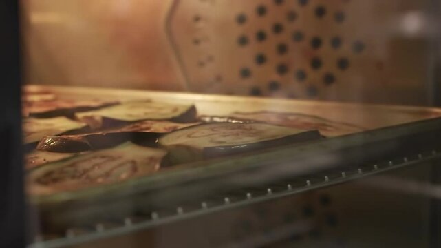 Eggplant Slices Roasting Inside an Oven, Food Preparation and Cook