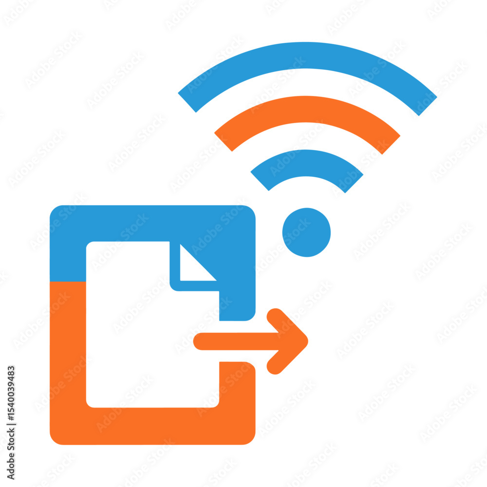 Poster a square partially blue and orange with an arrow sheet and wifi symbol conveying a wireless file tra