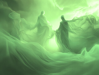 waving lines texture background illustration for web design banner. Abstract fluid waves of fog or smoke with soft glowing light. silhouette of couple against an abstract backdrop	