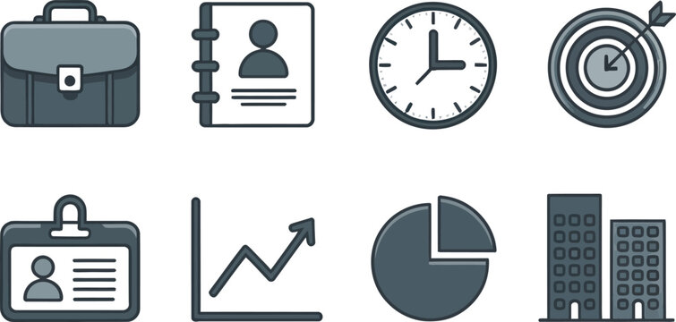 Business Icons Set Briefcase, Address Book, Clock