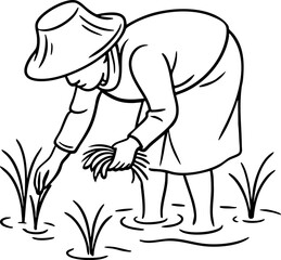 Asian farmer transplanting rice seedlings in a paddy field