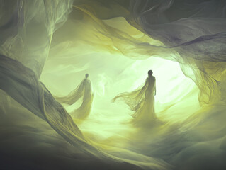 waving lines texture background illustration for web design banner. Abstract fluid waves of fog or smoke with soft glowing light. silhouette of couple against an abstract backdrop	