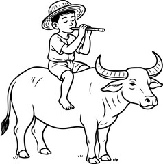 Asian boy playing flute while sitting on a buffalo