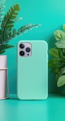 Mint-green phone case, plant backdrop