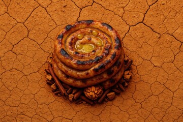 Tapioca Coil Ring Placed on Mixed Spice Base over Cracked Dry Clay Ground

