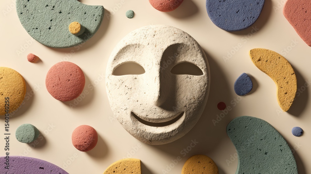 Poster Smiling Clay Face Surrounded by Colorful Abstract Shapes in a Minimalistic Arrangement
