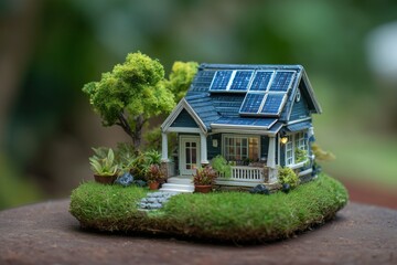 Detailed Miniature Eco-Friendly House with Solar Panels and Garden Diorama