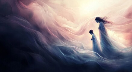 waving lines texture background illustration for web design banner. Abstract fluid waves of fog or smoke with soft glowing light. silhouette of woman and child against an abstract backdrop	