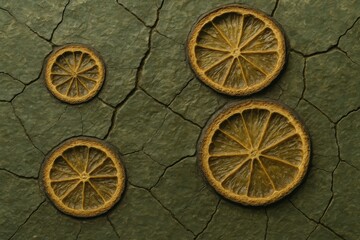 Charred Citrus Cross-Sections on Cracked Moss Surface in Fossil Wheel Pattern

