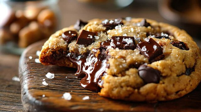 Gooey chocolate chip cookie made with mesquite flour, broken open to reveal melted chunks and sprinkled sea salt, styled on rustic wood for a cozy, food magazine look.