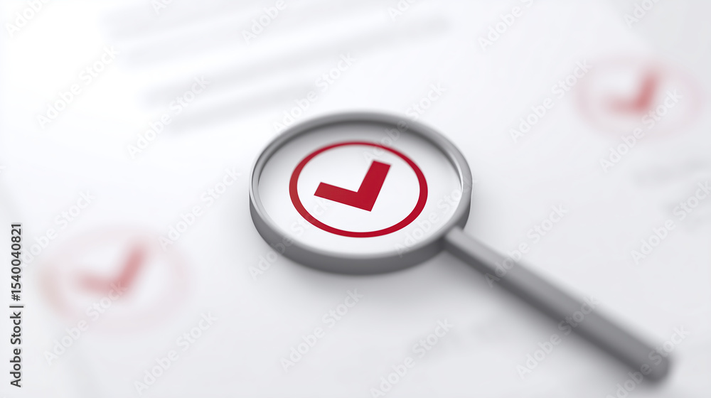 Poster magnifying glass focusing on a red checkmark symbol on a document, highlighting the importance of ve