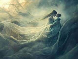 waving lines texture background illustration for web design banner. Abstract fluid waves of fog or smoke with soft glowing light. silhouette of woman and child against an abstract backdrop	