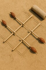 Stick-Balance Game Setup with Leaf-Pod Counterweights on Mud Tile