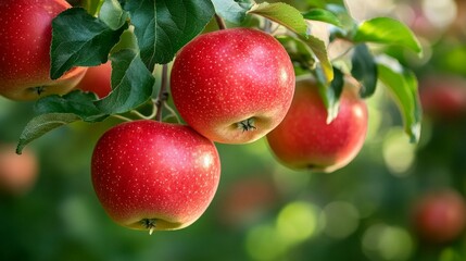 Obraz premium Ripe red apples on a tree branch in a garden. Perfect for topics related to gardening and healthy food.