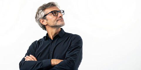 Self-Assured Professional Man in Glasses and Dark Shirt Demonstrating Leadership Qualities