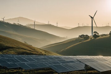 Sweeping Landscape of Solar Panels and Wind Turbines on Misty Hills at Sunset