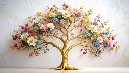 Golden Tree of Life: A vibrant explosion of colorful blossoms on a gilded tree, symbolising growth, beauty, and life's flourishing potential.