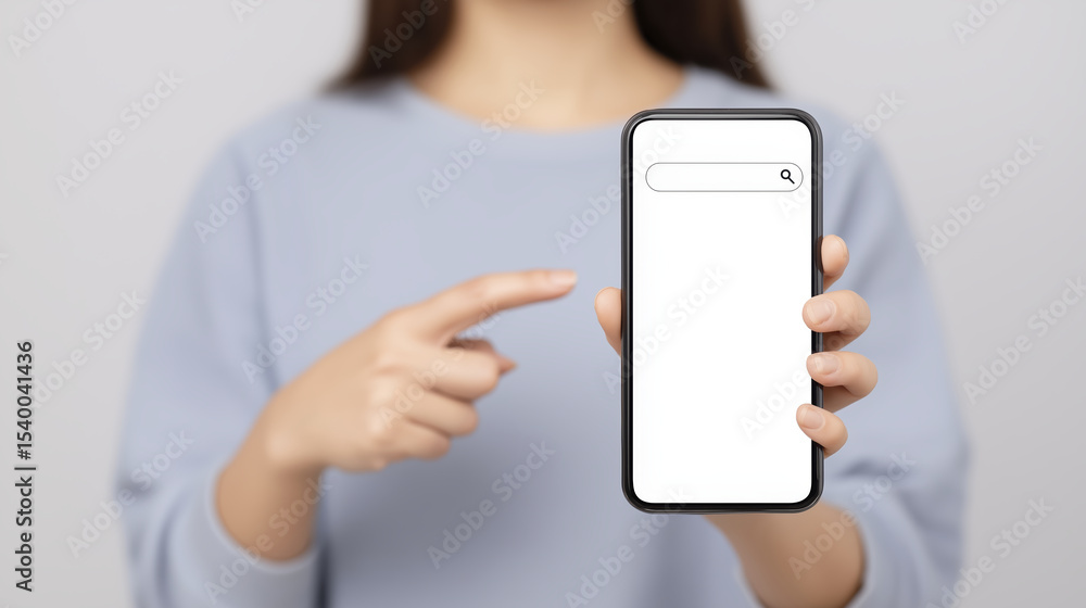 Poster woman holding smartphone mock up with blank screen, pointing at search bar, showcasing digital techn