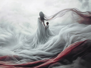 waving lines texture background illustration for web design banner. Abstract fluid waves of fog or smoke with soft glowing light. silhouette of woman and child against an abstract backdrop	