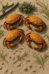 Crab Cluster on Sandy Bed with Coastal Weed and Dried Drift Twig

