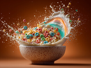 A bowl of cereal is tipped over, with sprinkles of milk and spinning multicolored loops of milk, suspended in the air C splatters or particles, frozen in motion milk drops and flakes
