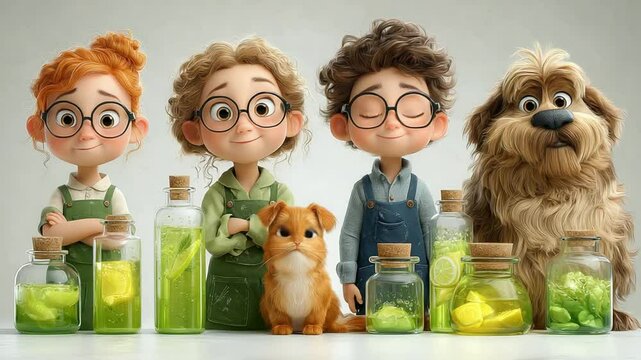 Whimsical cartoon characters with pets and organic potion bottles in a charming illustration