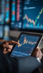 Person analyzing stock market trends using tablet in financial office