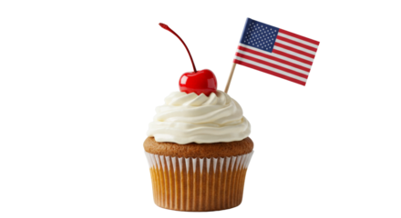 American Flag Day celebration, cupcake decorated with cream, cherry, American flag,  isolated on transparent background
