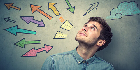 Confused Man Looking Up at Colorful Creative Arrows Representing Life Choices and Directions