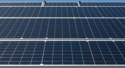 Solar Panels Array with Blue Sky Reflecting on the Surface, Renewable Energy
