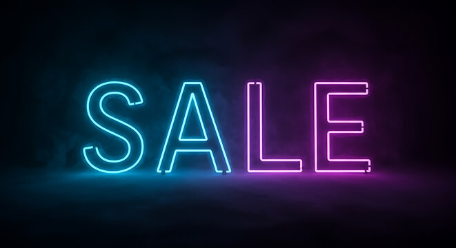 Vibrant blue and purple neon sign with the word SALE, glowing in a dark, smoky atmosphere. A futuristic banner concept for Black Friday, retail shopping promotions, and nightclub discounts. 3D render.